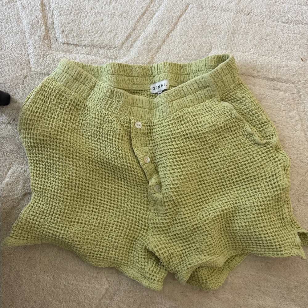DONNI. Light Green Waffle Knit High Waist Shorts